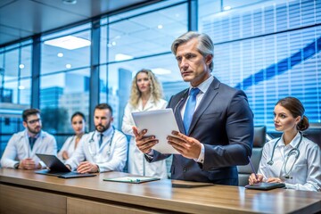 A business executive leading a medical conference meeting with doctors in a modern office setting. leadership and collaboration in healthcare, ideal for business and medical content.