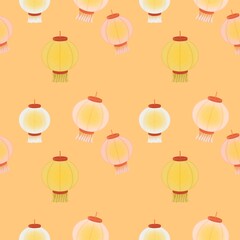 Seamless pattern round paper lantern Orange background
