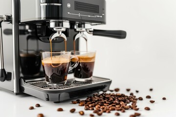 Espresso Machine Making Two Cups of Coffee with Coffee Beans Scattered on White Background