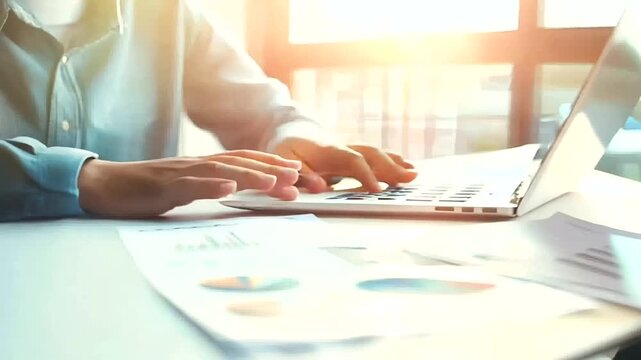 A Young businessman wearing glasses sitting in the office, analyzing company charts and graphs on a laptop. corporate analytics, financial data review, professional workspace, business performance eva
