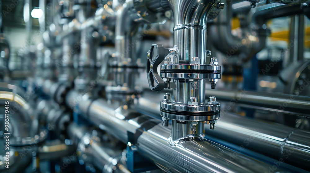 Poster close-up of a shiny valve in a network of metallic pipes.