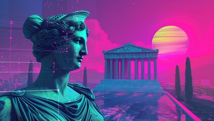 Ancient Greek goddess statue and Greek temple in the background, vaporwave aesthetic, neon pink purple teal green blue palette, 2D video game graphics, in the style of vapor wave aesthetics. 
