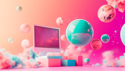 Surreal digital workstation with floating spheres and vibrant colors creating a futuristic and dream-like environment.
