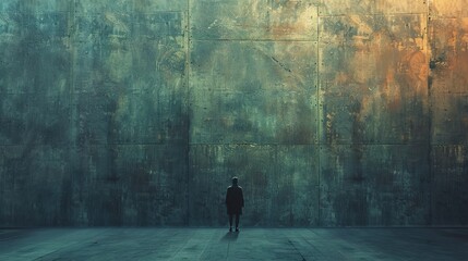 Overwhelmed: A lone figure confronts a colossal, textured wall, its immensity dwarfing the individual in a symbolic depiction of isolation, anxiety, or the daunting nature of challenges. 