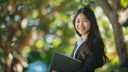 Young professional woman in a suit holding a folder, smiling confidently with blurred greenery in the background, showcasing readiness and positivity.