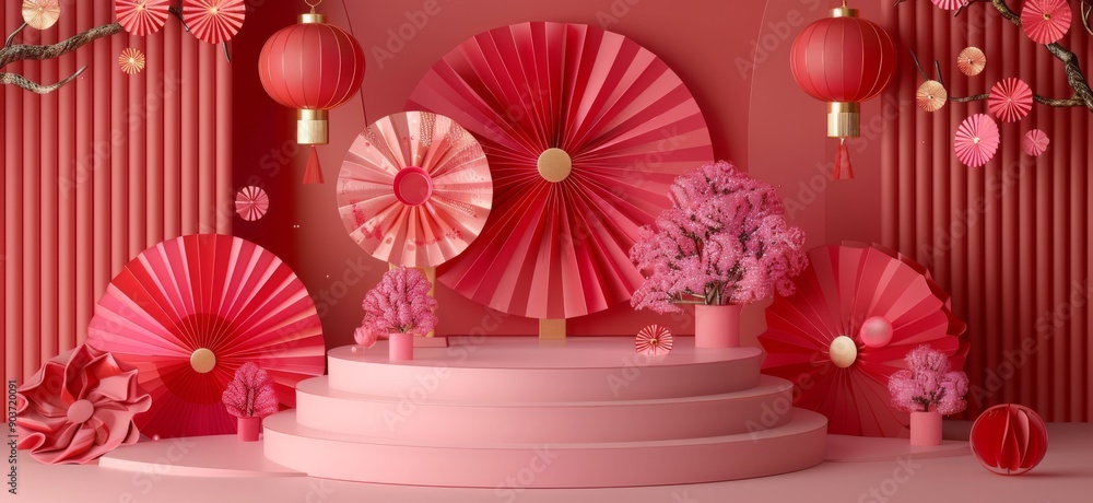 Poster elegant red and pink paper decor with lanterns and fans in three-dimensional setup