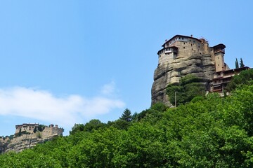 View of orthodox monasteries on the rocks in in Thessaly , Greece.