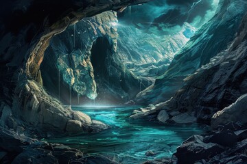 Bioluminescent cavern lake with rock formations and stormy sky