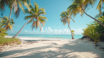 Palm Paradise Found: Tranquil turquoise waters beckon through a sun-kissed grove of palm trees, inviting barefoot strolls on pristine sands. 