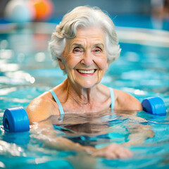 Happy elderly woman enjoying swimming and exercising in a pool with water weights
