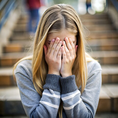 Sad girl covering face with hands, standing against brick wall, symbolizing bullying or sadness