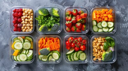 Containers with various fresh ingredients. This photo shows a variety of healthy foods that are perfect for meal prepping or creating a balanced diet.