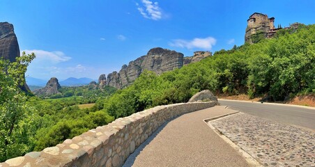 View of orthodox monasteries on the rocks in in Thessaly , Greece.
