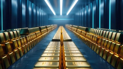 A path lined with gold bars leading to a dark, uncertain future, cyberpunk, neon lights, 3D render