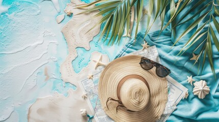 Beach vacation itinerary and map spread out on a towel