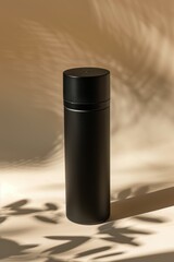 Elegant Black Aluminum Bottle with Matte Finish on Beige Background