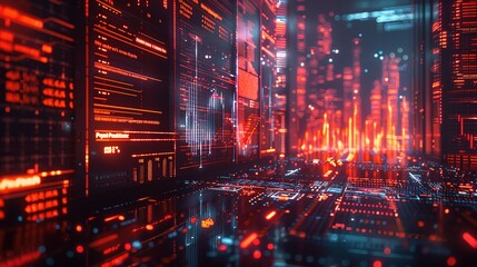 Fototapeta premium Cyberpunk Cityscape: A futuristic, neon-drenched city of towering structures and glowing digital pathways. A mesmerizing blend of technology and urban life