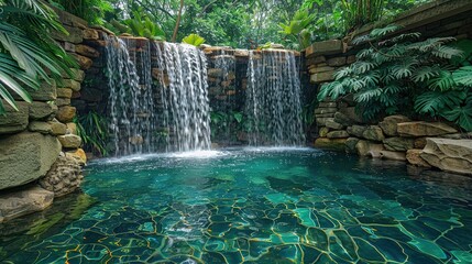 nature landscape with a cascading waterfall, surrounded by dense forest and vibrant moss-covered rocks
