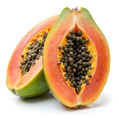 Close-up of a halved ripe papaya with seeds on a white background