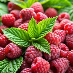 Close-up of fresh raspberries with green mint leaves, showcasing vibrant colors and textures