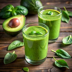 Fresh green avocado smoothie in a glass with basil leaves on a rustic wooden table