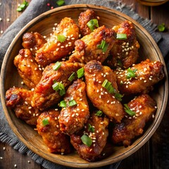 Delicious spicy chicken wings garnished with sesame seeds and fresh herbs in a bowl