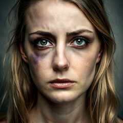 Close-up portrait of a woman with bruised eyes, conveying sadness and emotional distress