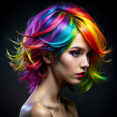 Portrait of a woman with vibrant rainbow-colored hair on a dark background