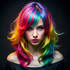 Portrait of a woman with vibrant rainbow-colored hair on a dark background