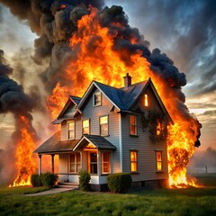 Dramatic image of a house engulfed in flames, with intense smoke and fire
