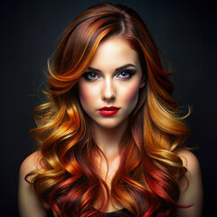 Portrait of a woman with vibrant rainbow-colored hair on a dark background
