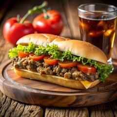 Delicious sub sandwich with beef, cheese, lettuce, and tomato, served with a cold drink