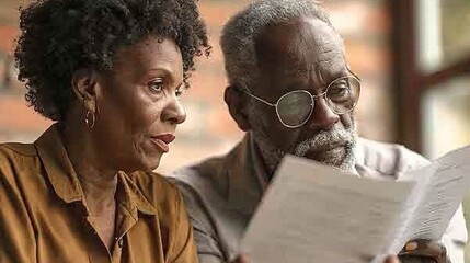 Mature Couple Reviewing Documents: A tender and contemplative image of an African American senior couple carefully examining important documents