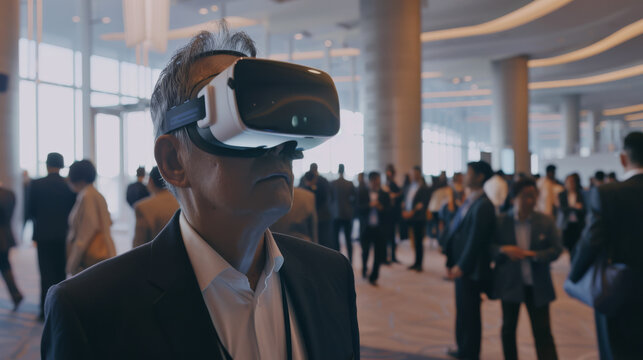 An elderly man immersed in virtual reality at a busy conference with attendees in the background, representing techno-cultural evolution.