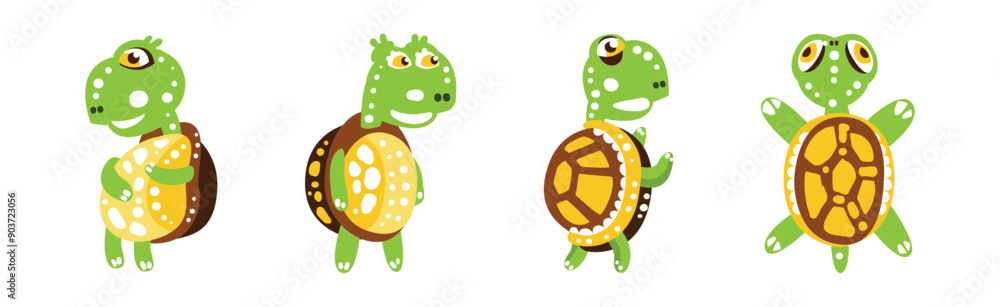 Poster funny green turtle character with carapace vector set