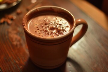 Close-up of a mug filled with hot chocolate. Perfect for use in a blog post about cozy winter beverages.