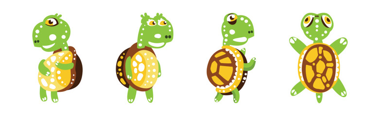 Funny Green Turtle Character with Carapace Vector Set
