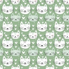 Cute cat faces with hearts, seamless pattern of light green and white colors, for fabric and wallpaper design