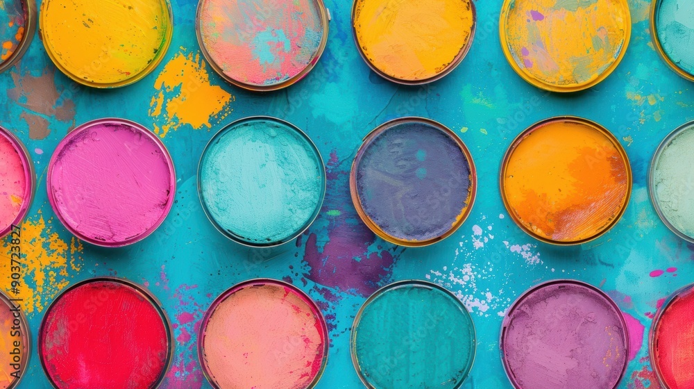 Poster open paint cans showcase a spectrum of vibrant colors arranged on a colorful table