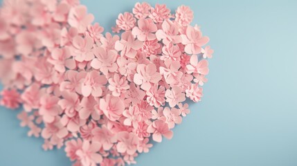 Fototapeta premium A beautiful heart crafted from intricate pink paper flowers rests against a gentle blue backdrop
