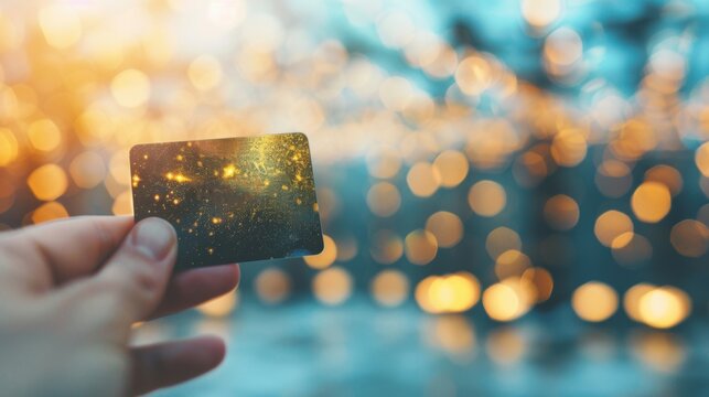 A hand holds a VIP card, surrounded by a luxurious atmosphere filled with sparkling lights