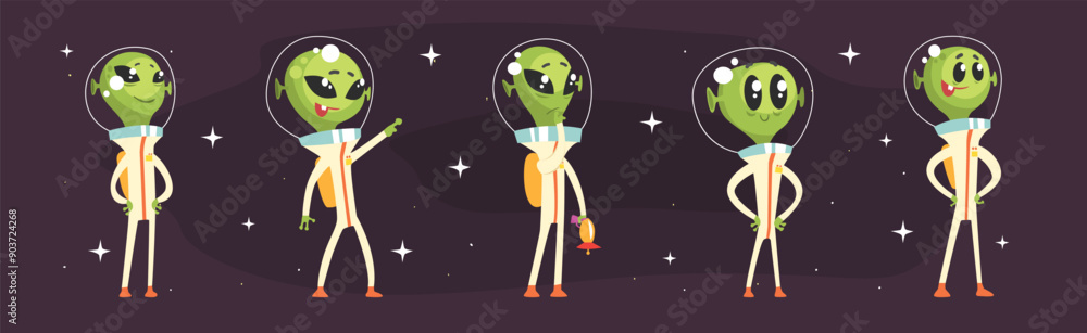 Sticker Cute Alien Green Character In Space Suit Vector Set