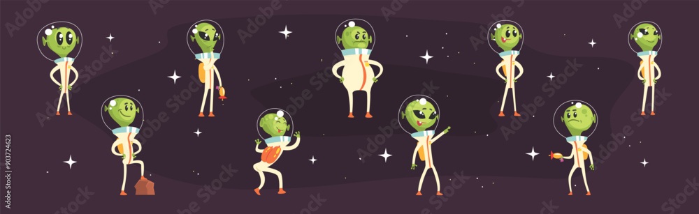 Sticker Cute Alien Green Character In Space Suit Vector Set