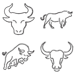 bull icon set, brush strokes on a white background. Vector illustration.