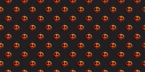 3D voodoo doll face on Halloween pumpkin seamless pattern on black background graphic illustration. Wrapping paper Halloween theme template.