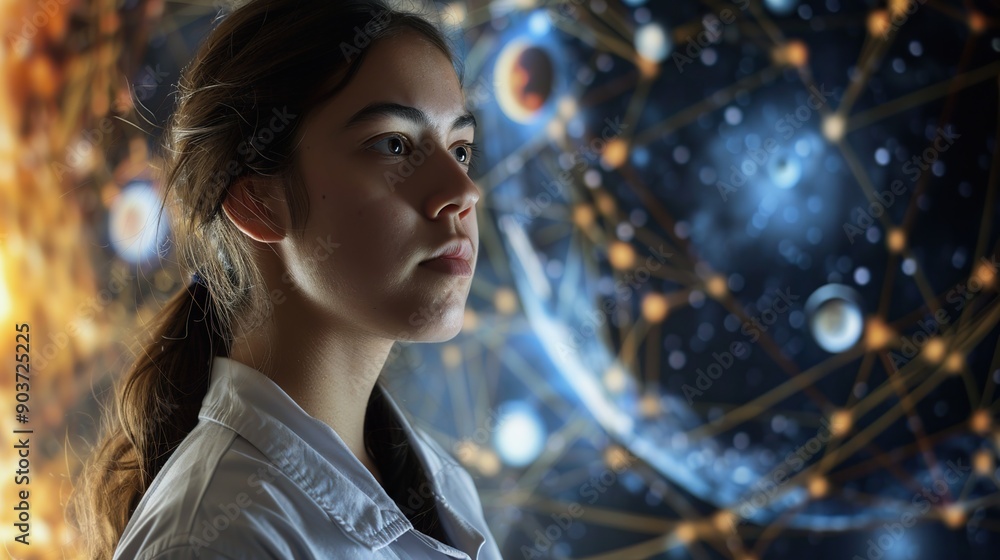 Aufkleber a female scientist is focused on looking at something with the background of planet earth and virtua