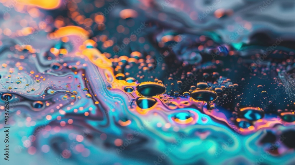 Poster colorful iridescent liquid flows across a surface, capturing light and creating abstract patterns du