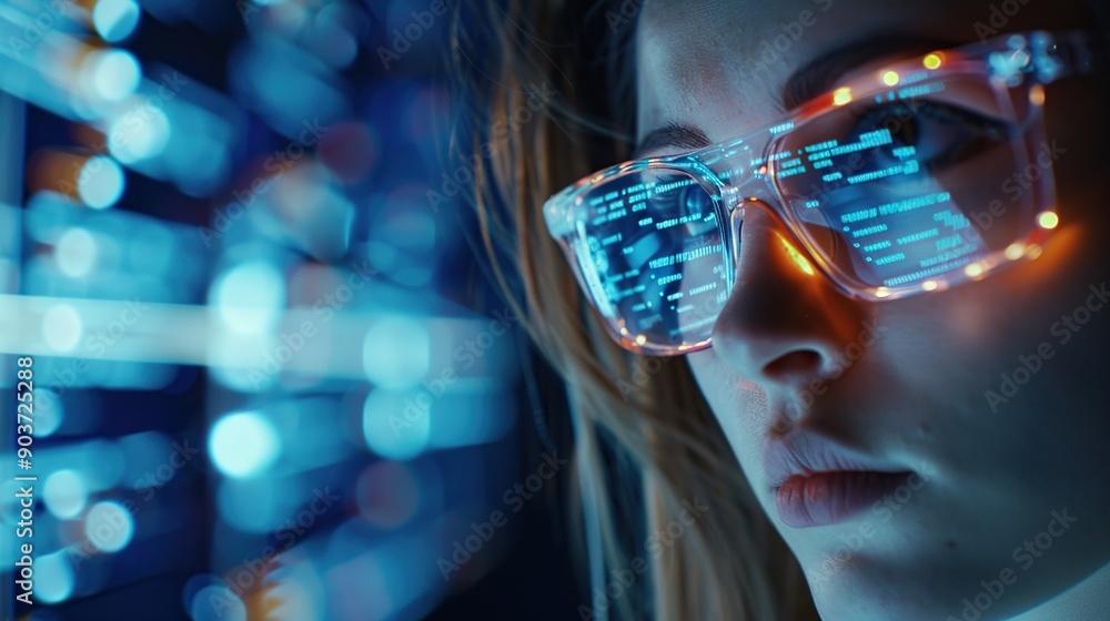 Poster a woman wearing glasses is staring at a computer screen that displays various data for analysis in a