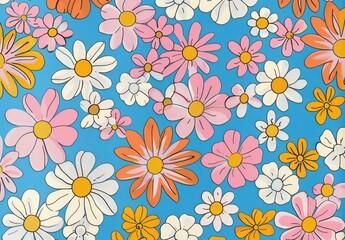 Vibrant Flower Illustration with Blue Background