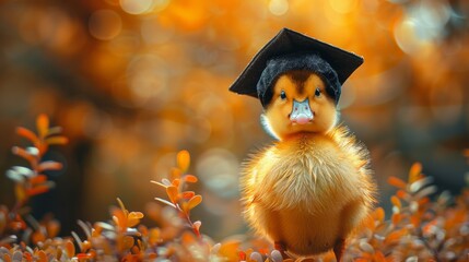 Cute fluffy duckling wearing a graduation cap is celebrating the graduation day in autumn